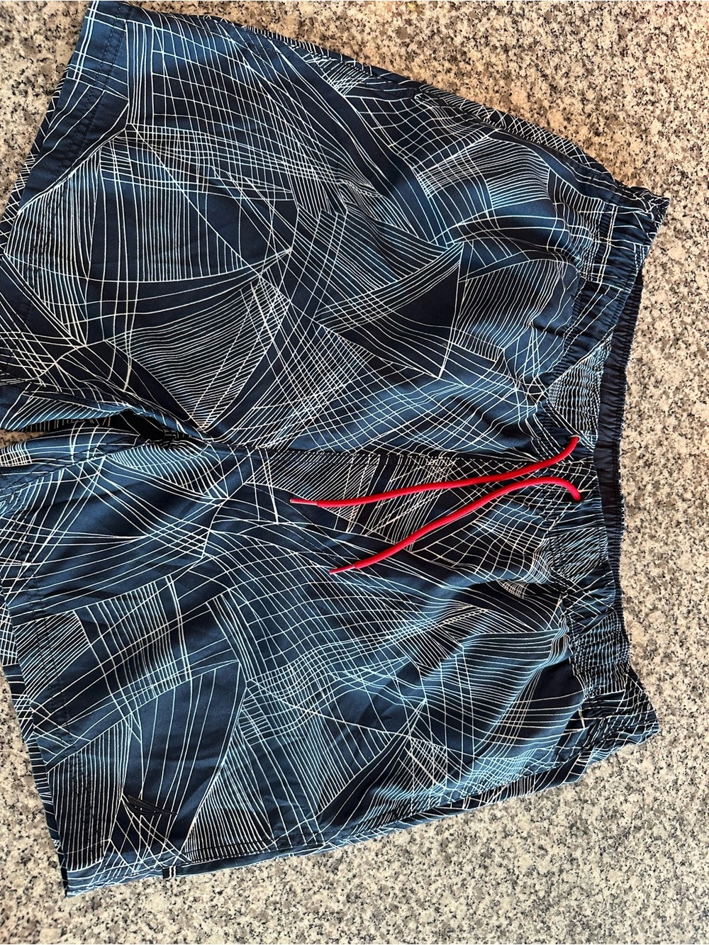 Nautica Blue Geometric Swim Trunks with Red Drawstring